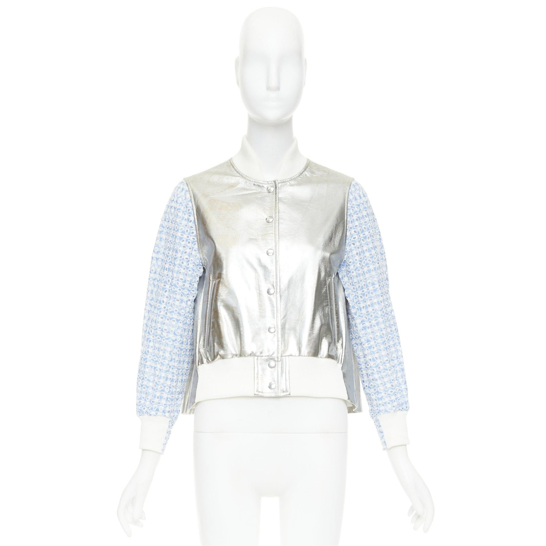 Sacai Luck ricamo a quadri blu anglais metallizzato giacca varsity svasata JP1 S in vendita 5