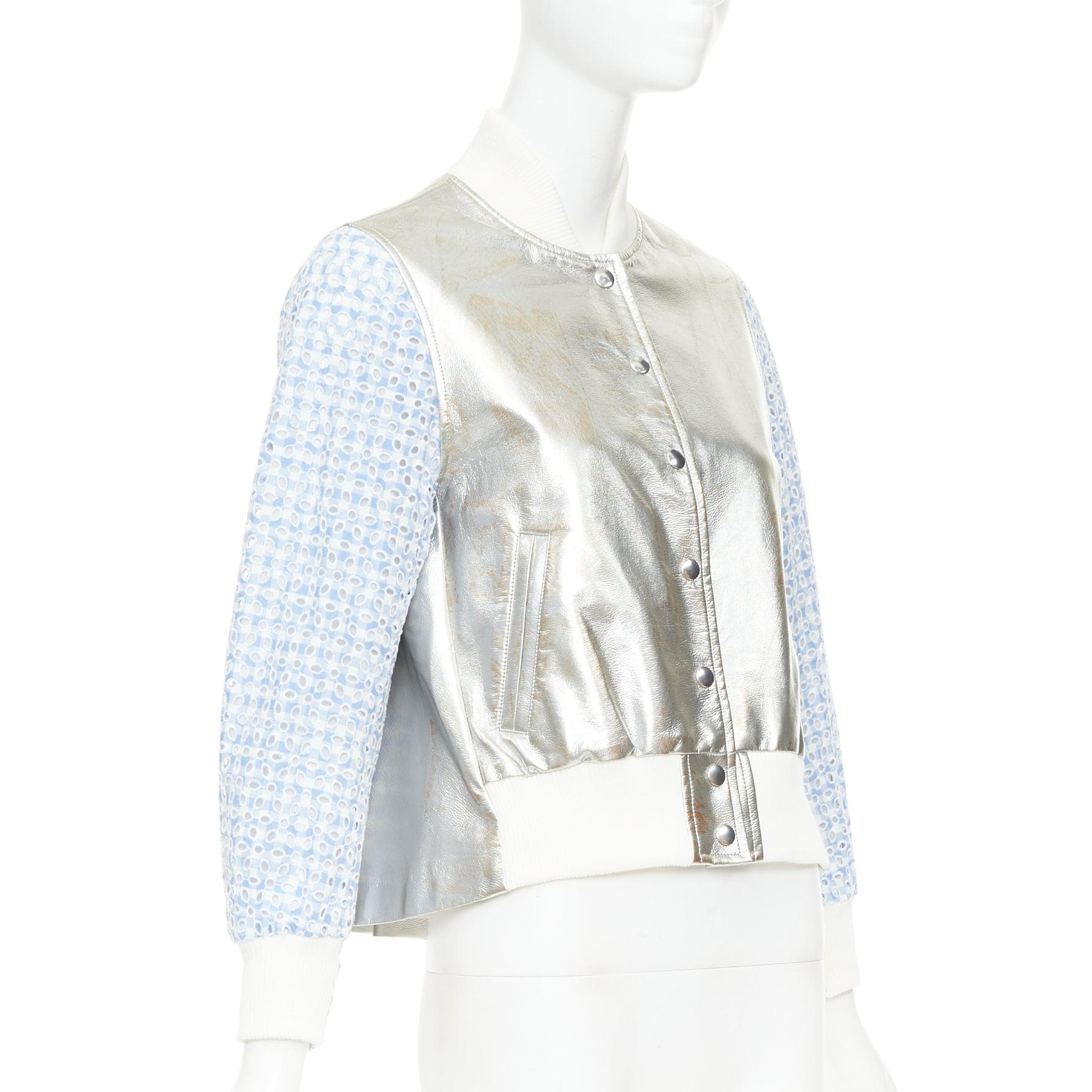 Sacai Luck ricamo a quadri blu anglais metallizzato giacca varsity svasata JP1 S In condizioni ottime in vendita a Hong Kong, NT