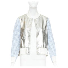 SACAI LUCK blue check embroidery anglais metallic flared varsity jacket JP1 S