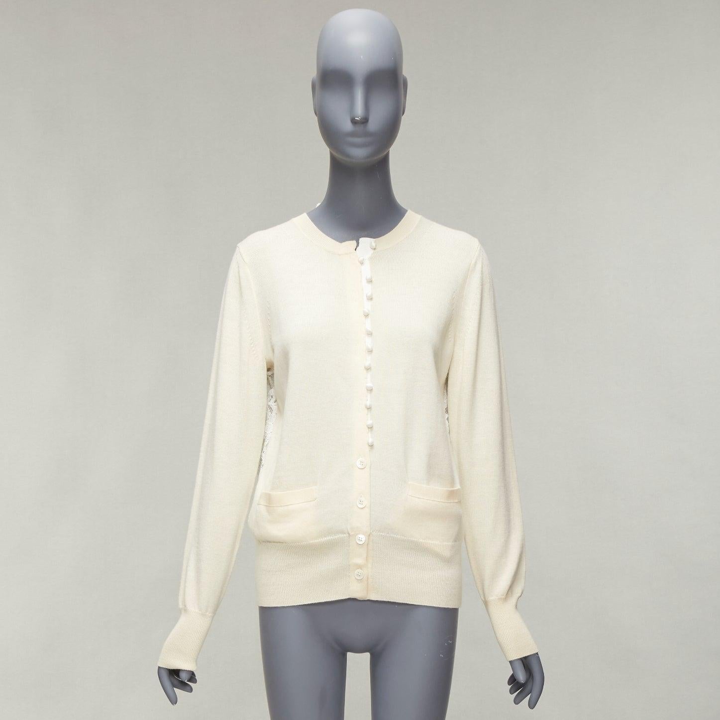 SACAI LUCK cream 100% wool flared lace back wrapped buttons cardigan JP3 L For Sale 6