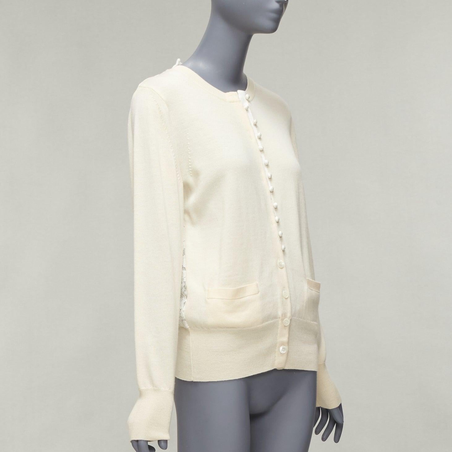 SACAI LUCK cream 100% wool flared lace back wrapped buttons cardigan JP3 L In Excellent Condition For Sale In Hong Kong, NT