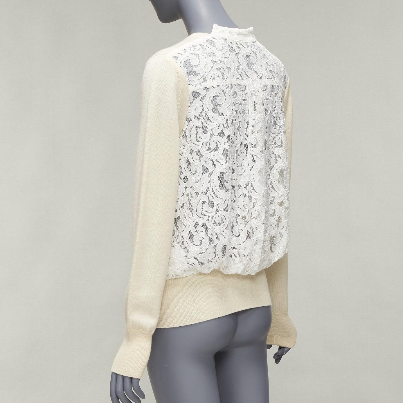 SACAI LUCK cream 100% wool flared lace back wrapped buttons cardigan JP3 L For Sale 1
