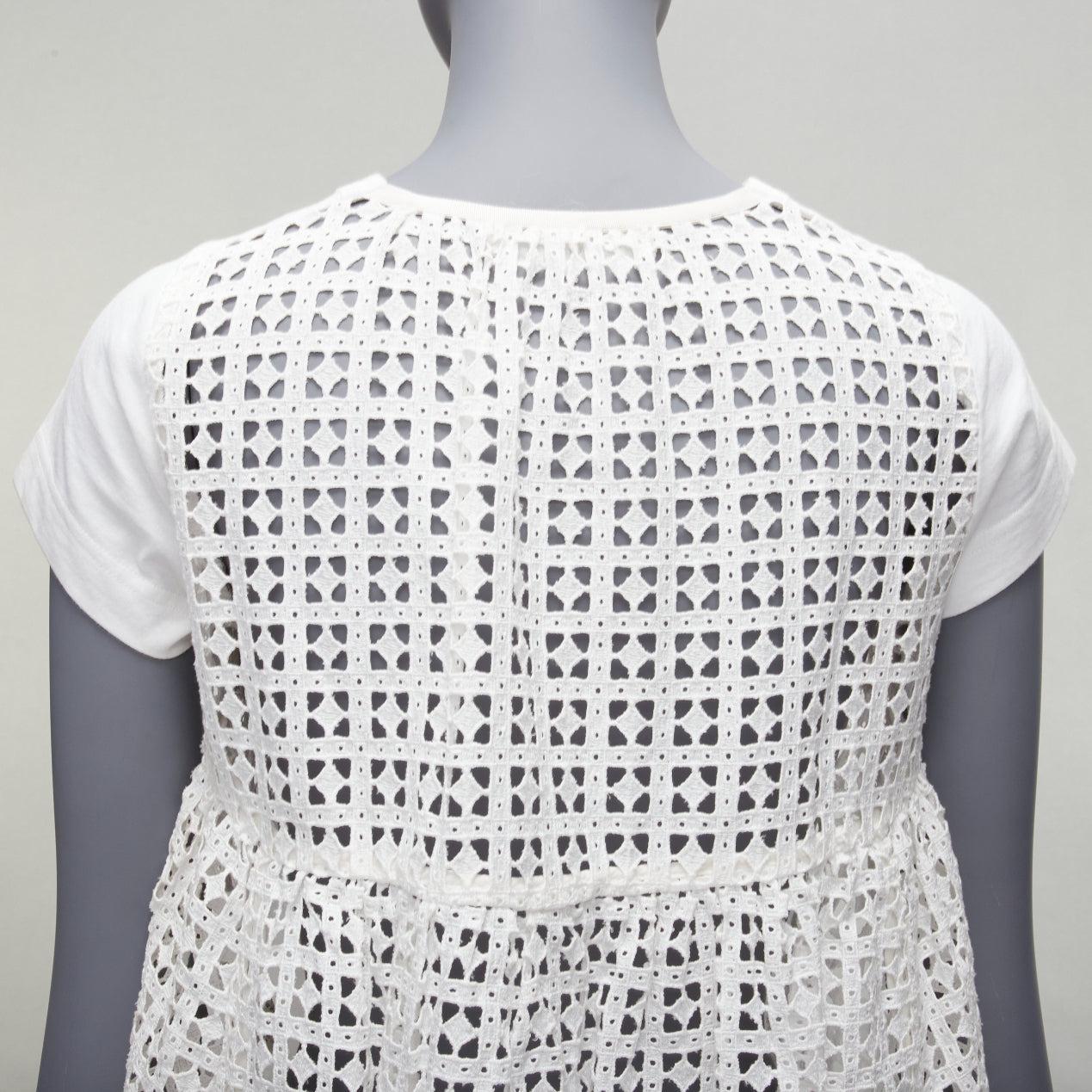 SACAI LUCK white eyelet flared back babydoll short sleeve pockted tshirt top JP1 S
Reference: LNKO/A02174
Brand: Sacai
Designer: Chitose Abe
Collection: Sacai Luck
Material: Cotton
Color: White
Pattern: Solid
Closure: Pull On
Extra Details: Lace