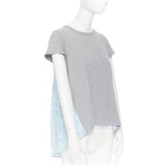 SACAI LUCK grey 100% cotton light blue lace back short sleeve mullet t-shirt JP1