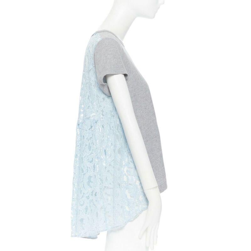 SACAI LUCK grey 100% cotton light blue lace back short sleeve mullet t-shirt JP1 In Excellent Condition For Sale In Hong Kong, NT