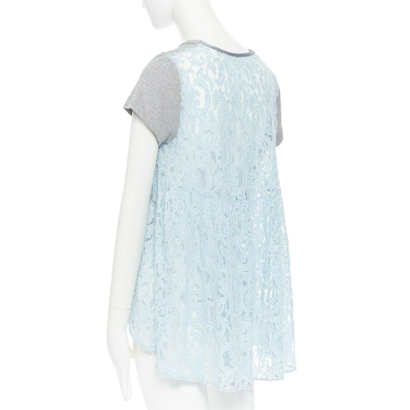 Women's SACAI LUCK grey 100% cotton light blue lace back short sleeve mullet t-shirt JP1