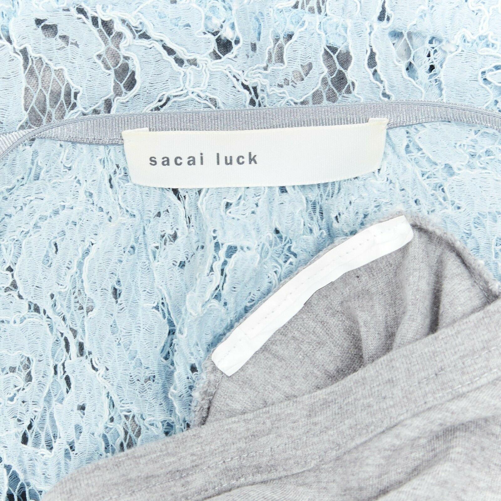 SACAI LUCK grey 100% cotton light blue lace back short sleeve mullet t-shirt JP1 1