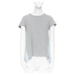 SACAI LUCK grey 100% cotton light blue lace back short sleeve mullet t-shirt JP1