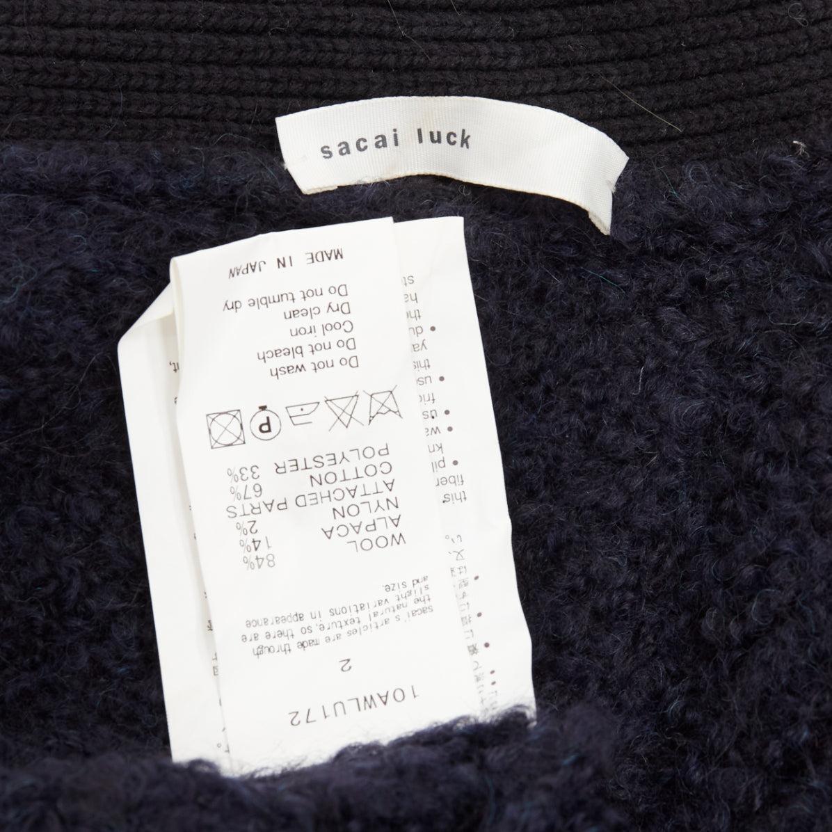 SACAI LUCK navy black boucle wool alpaca patch pocket cardigan JP2 M For Sale 4