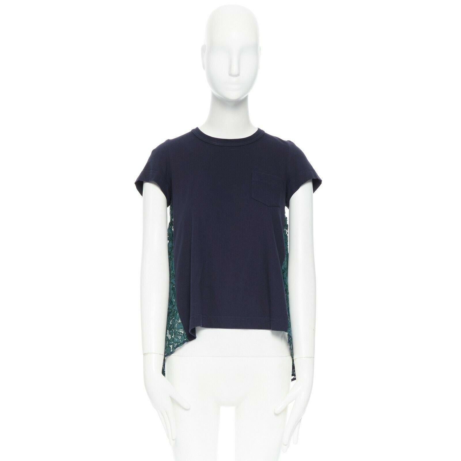 SACAI LUCK navy blue 100% cotton green lace back short sleeve mullet t-shirt JP1 
Reference: LNKO/A01139 
Brand: Sacai 
Designer: Chitose Abe 
Material: Cotton 
Color: Blue 
Pattern: Floral 
Extra Detail: A-Line navy t-shirt. Back constructed with