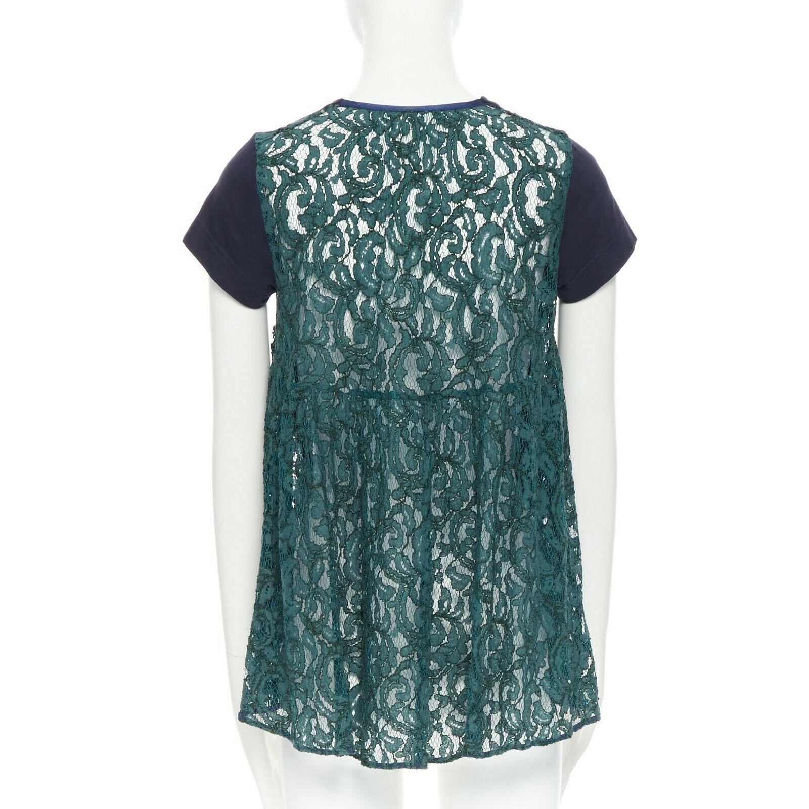 Black SACAI LUCK navy blue 100% cotton green lace back short sleeve mullet t-shirt JP1