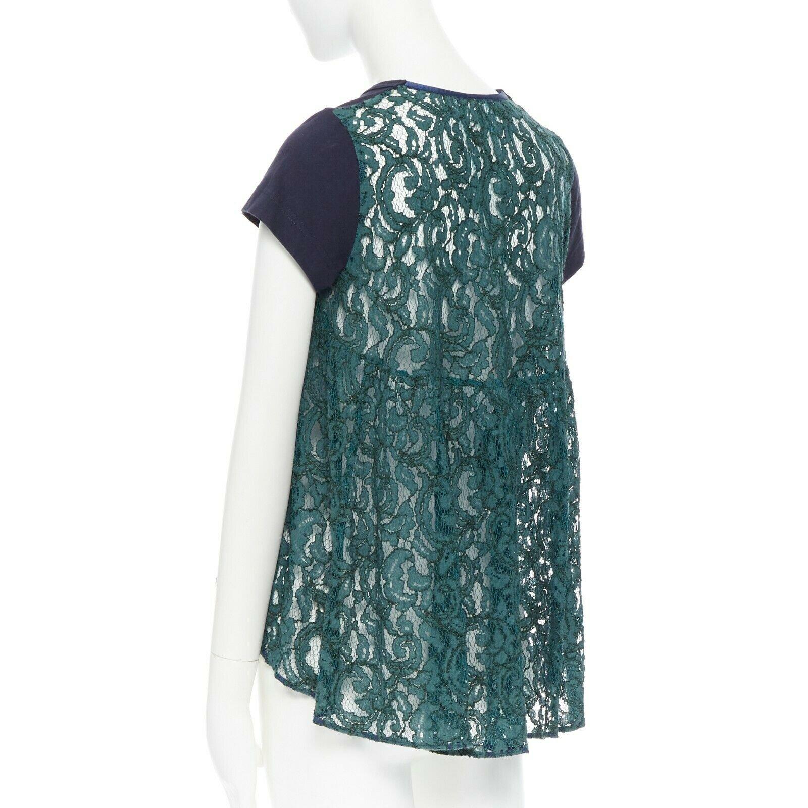 Women's SACAI LUCK navy blue 100% cotton green lace back short sleeve mullet t-shirt JP1