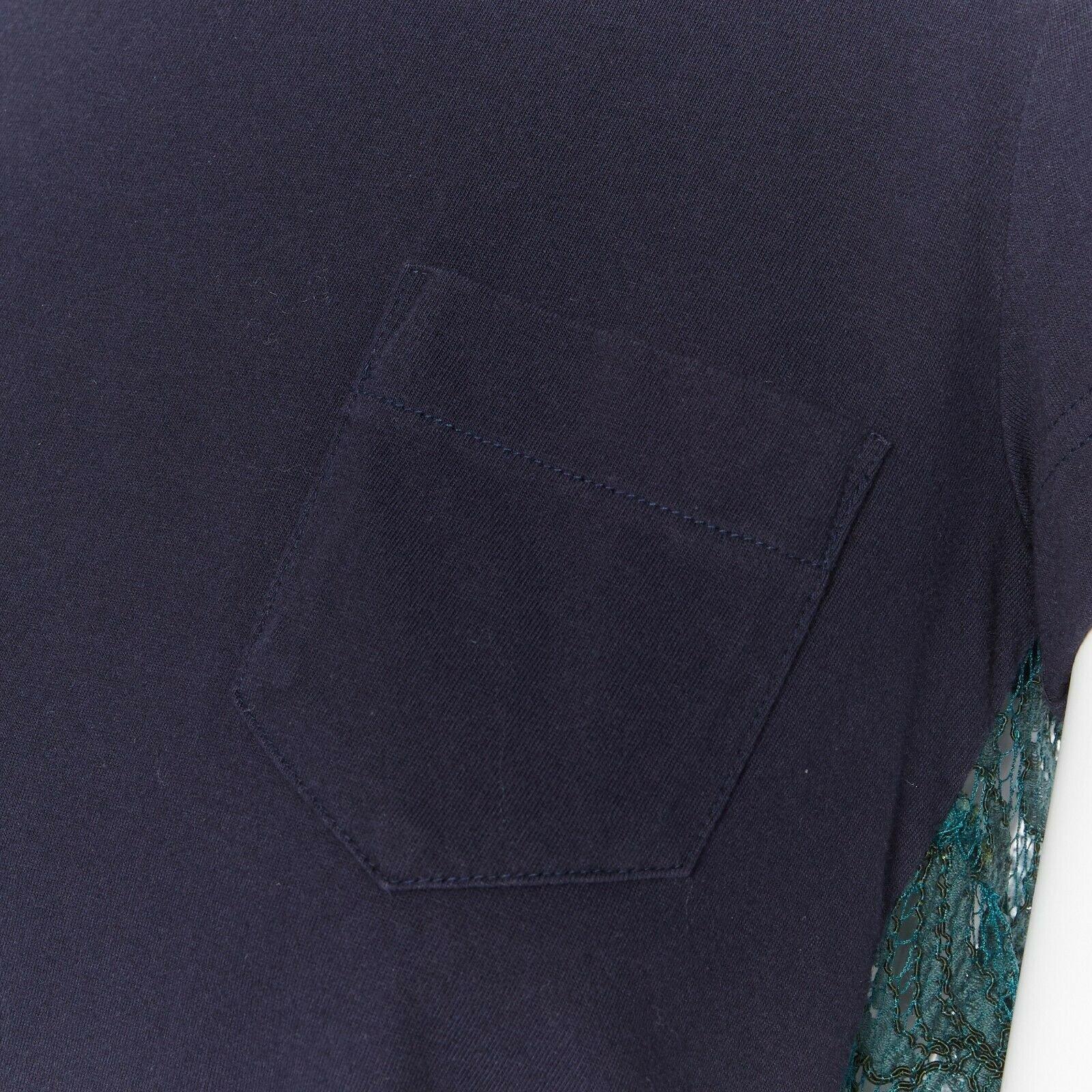 SACAI LUCK navy blue 100% cotton green lace back short sleeve mullet t-shirt JP1 1