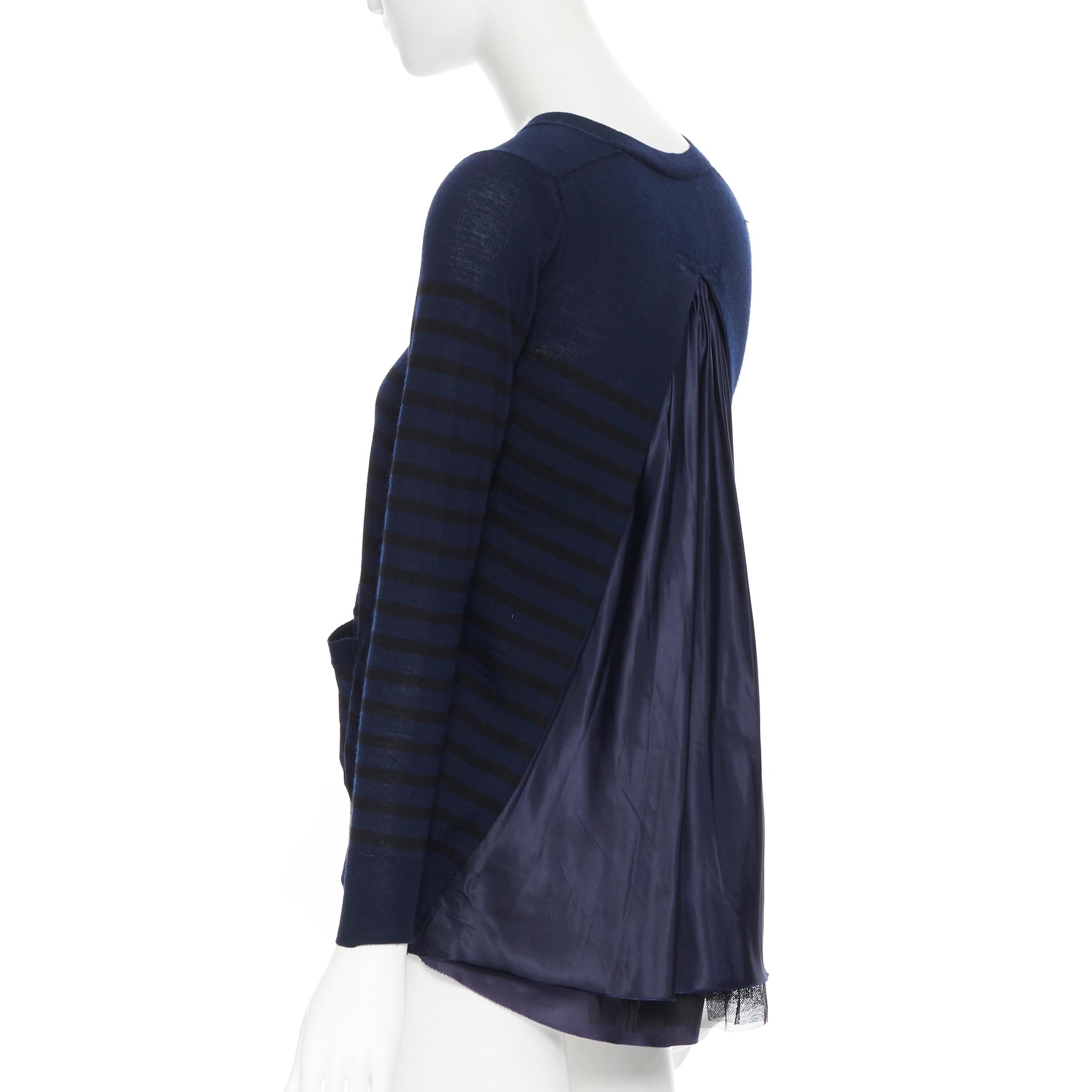 SACAI LUCK navy blue nautical stripe wool pleated insert flared back cardigan S In Excellent Condition In Hong Kong, NT