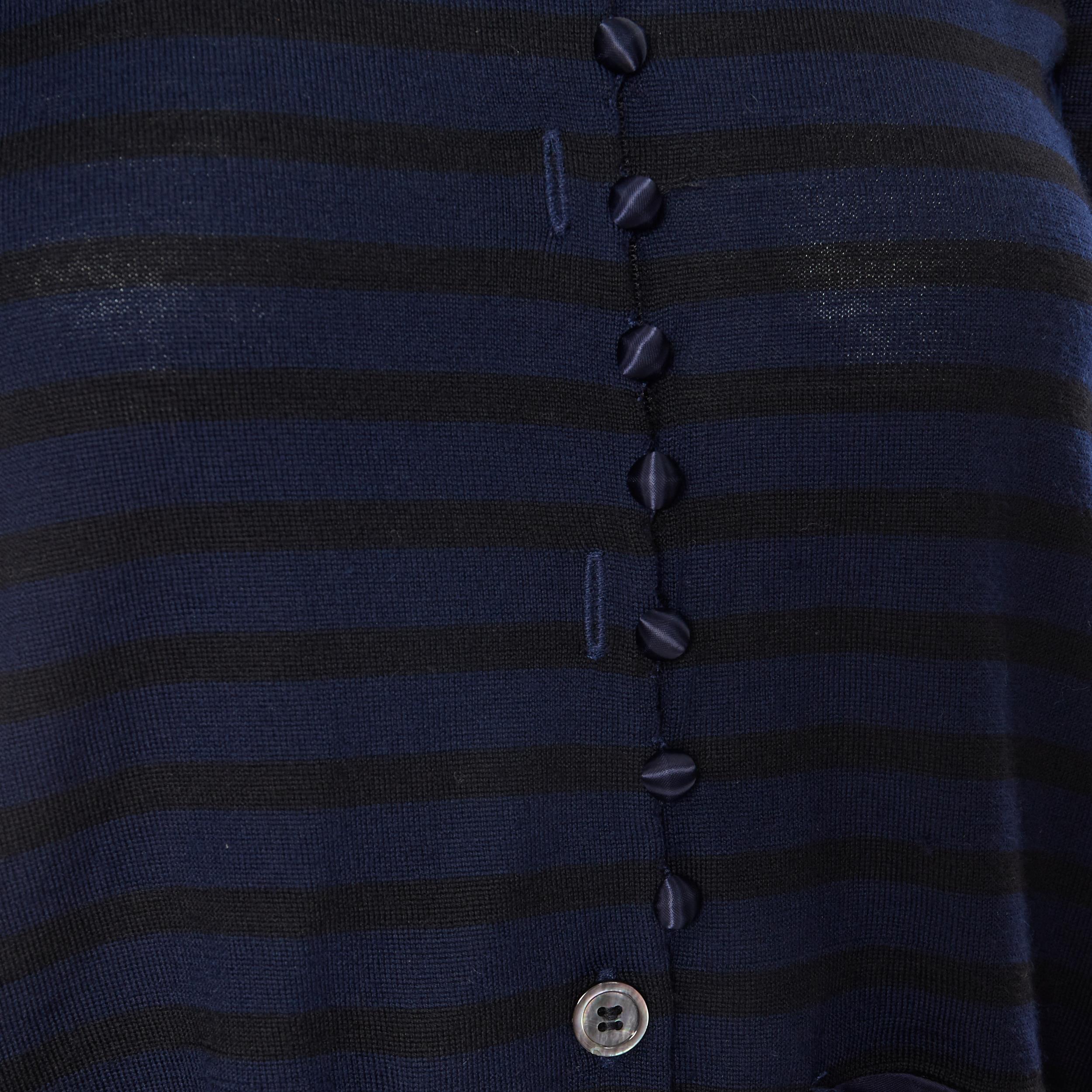 SACAI LUCK navy blue nautical stripe wool pleated insert flared back cardigan S 1