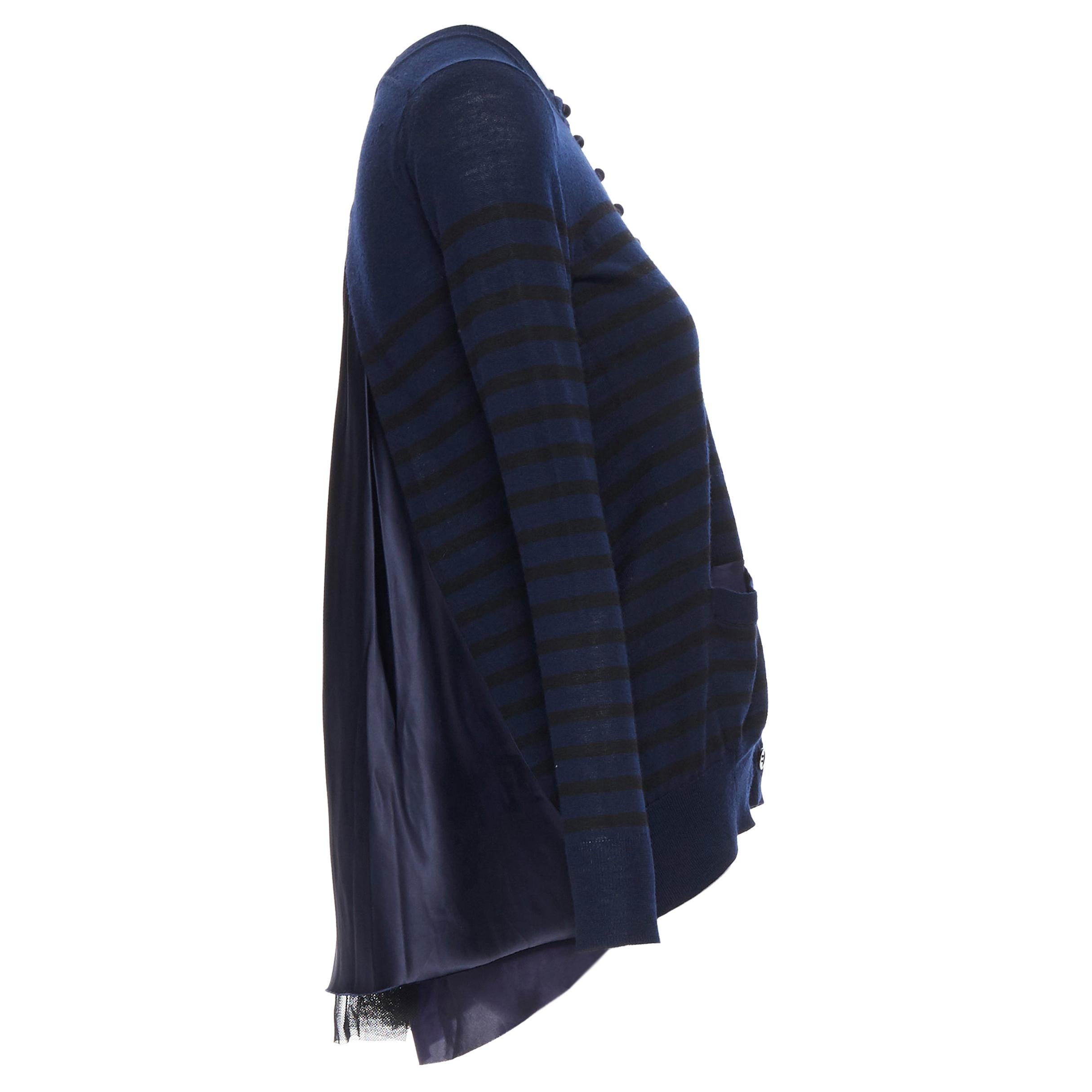 SACAI LUCK navy blue nautical stripe wool pleated insert flared back cardigan S