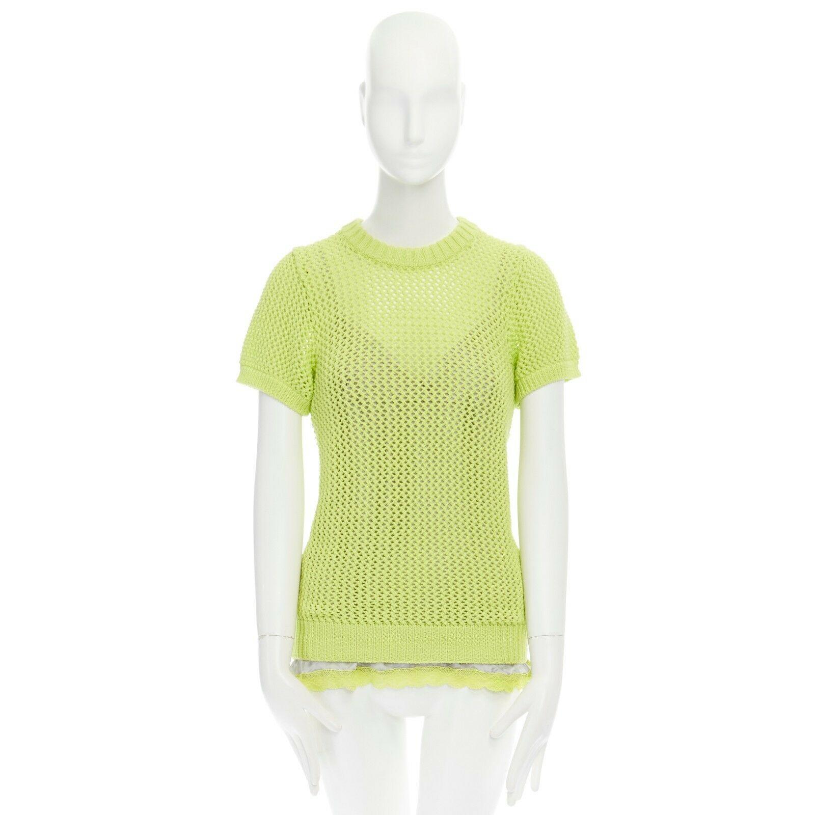SACAI LUCK neon yellow grey lace trimmed camisole crochet knit sweater top JP3 L Reference: TGAS/A00021 
Brand: Sacai 
Designer: Chitose Abe 
Material: Cotton 
Color: Yellow 
Pattern: Other 
Extra Detail: Neon yellow crochet. Ribbed neck. Attached