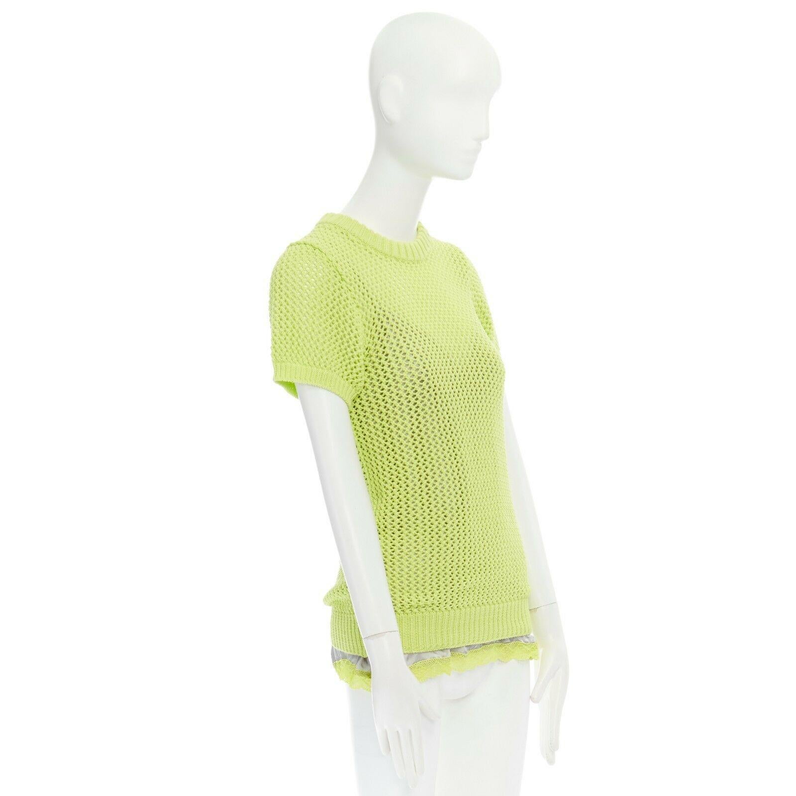 Gray SACAI LUCK neon yellow grey lace trimmed camisole crochet knit sweater top JP3 L