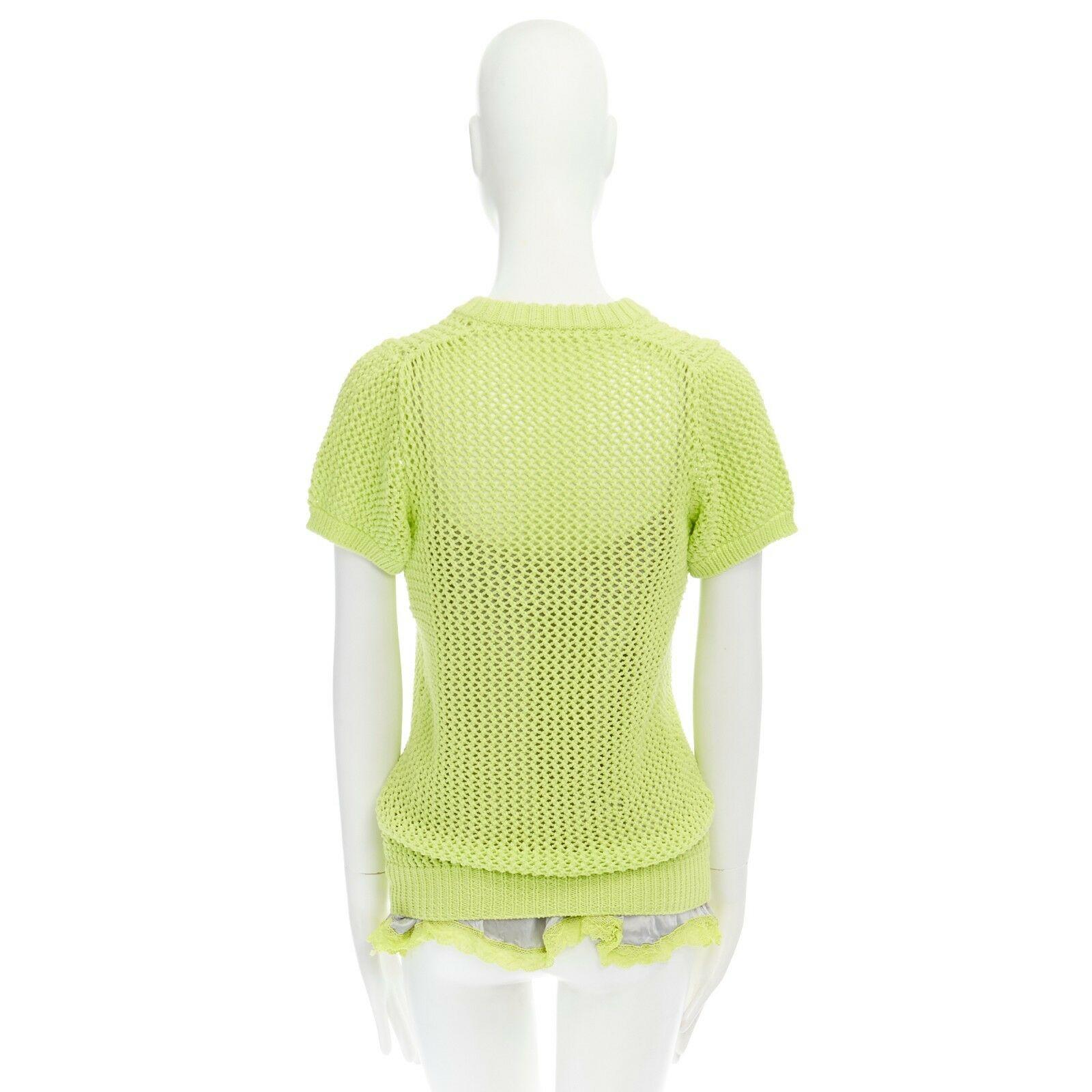 Women's SACAI LUCK neon yellow grey lace trimmed camisole crochet knit sweater top JP3 L