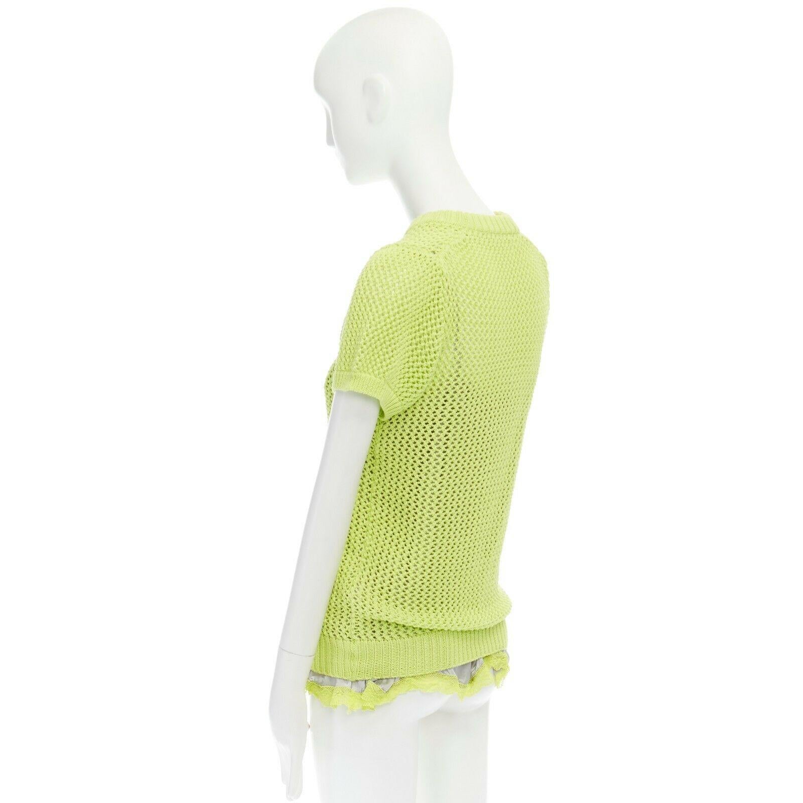 SACAI LUCK neon yellow grey lace trimmed camisole crochet knit sweater top JP3 L 1