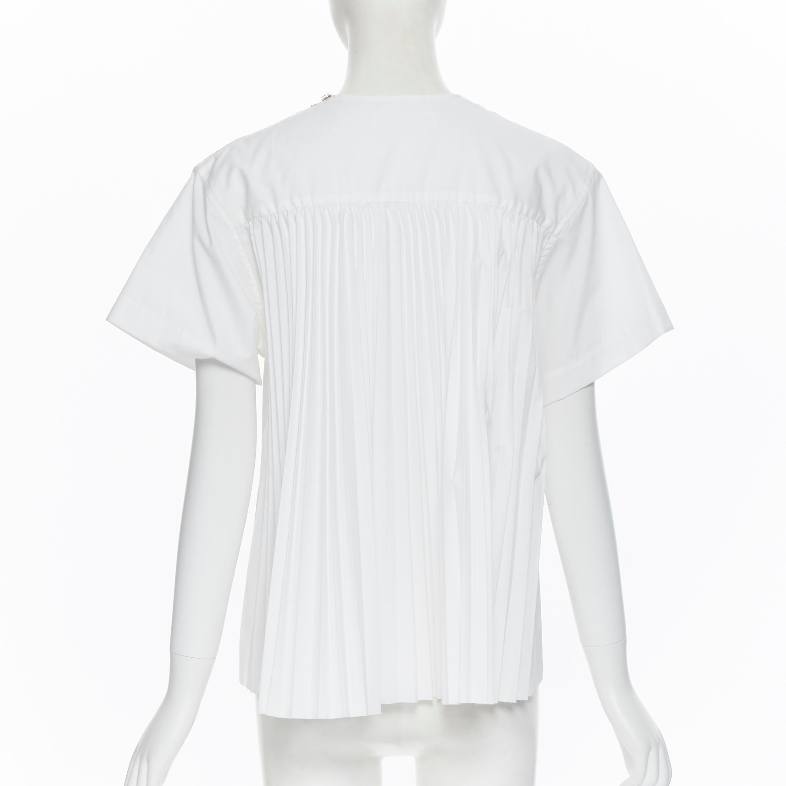 Women's SACAI LUCK white cotton pleated flared back short sleeve tshirt top JP1 S