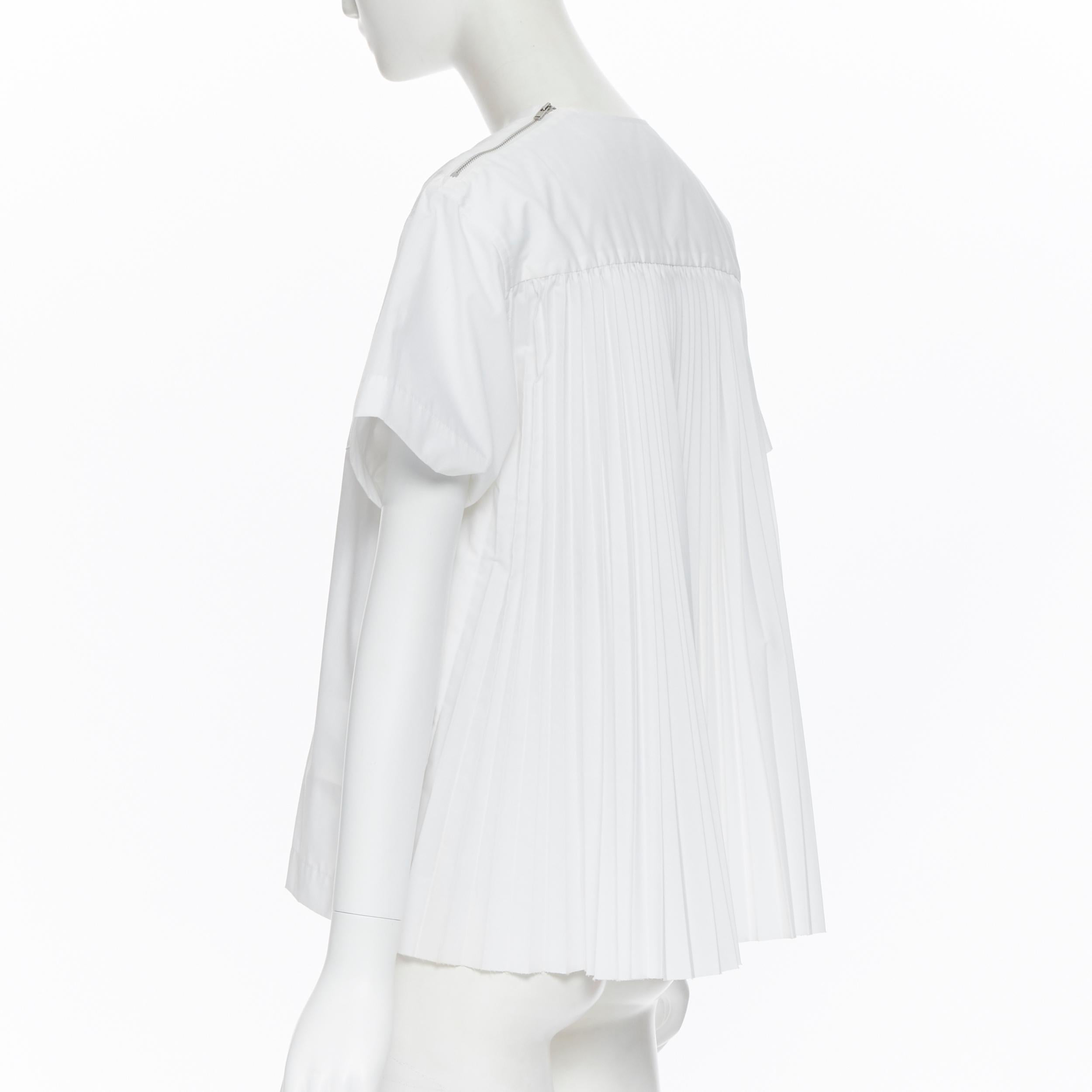 SACAI LUCK white cotton pleated flared back short sleeve tshirt top JP1 S 1
