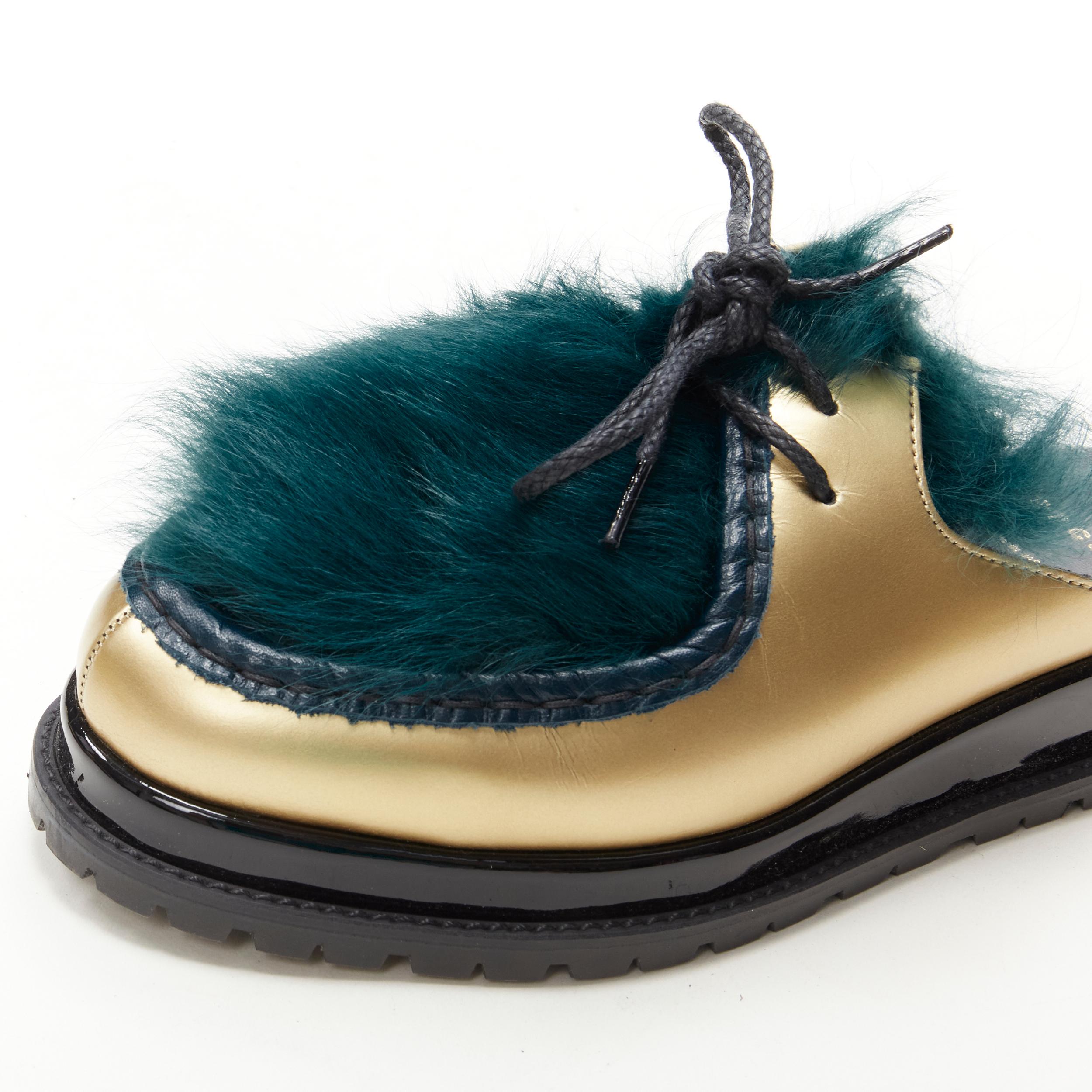 Women's SACAI metallic gold leather teal blue fur slip on mule Vibram sole EU37