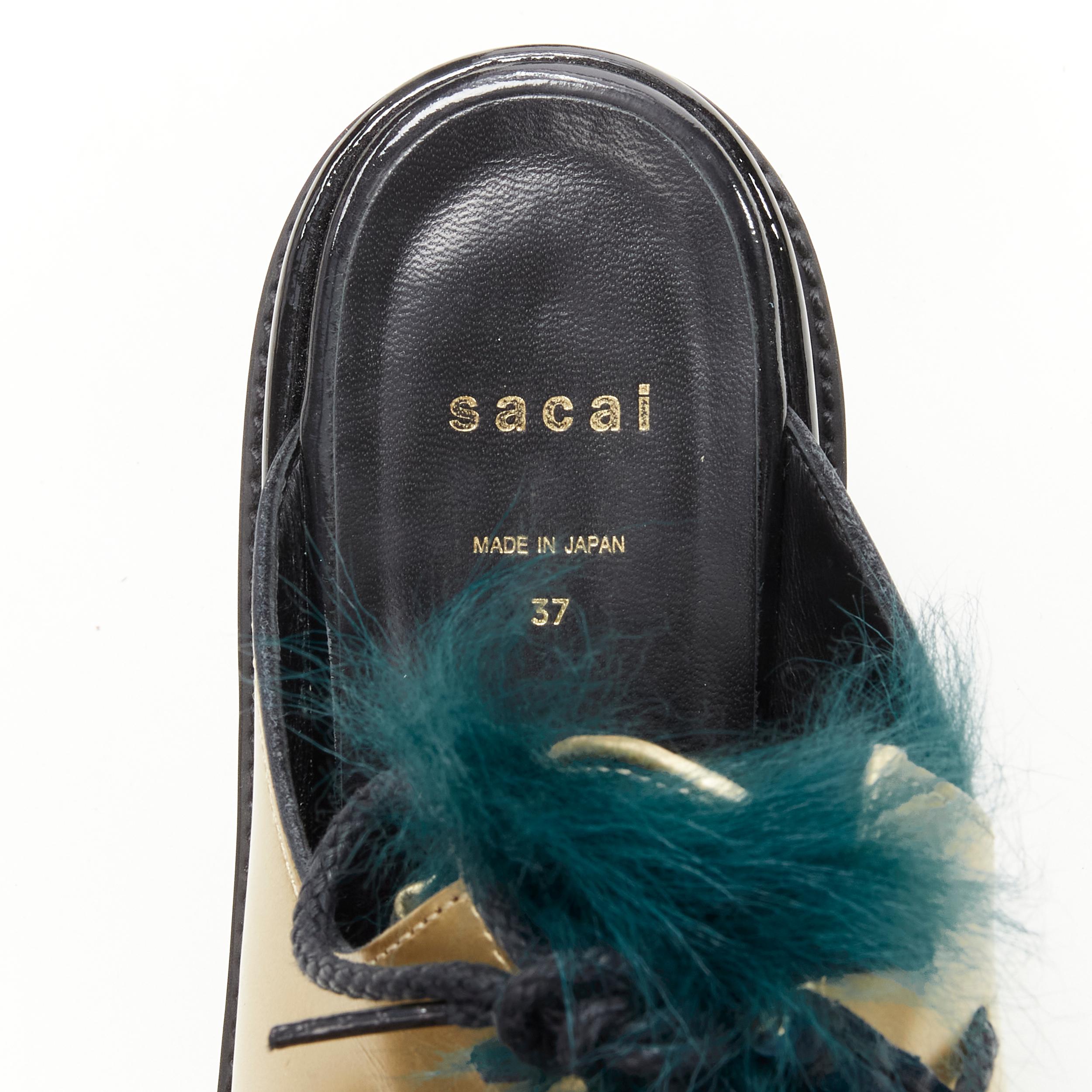 SACAI metallic gold leather teal blue fur slip on mule Vibram sole EU37 2