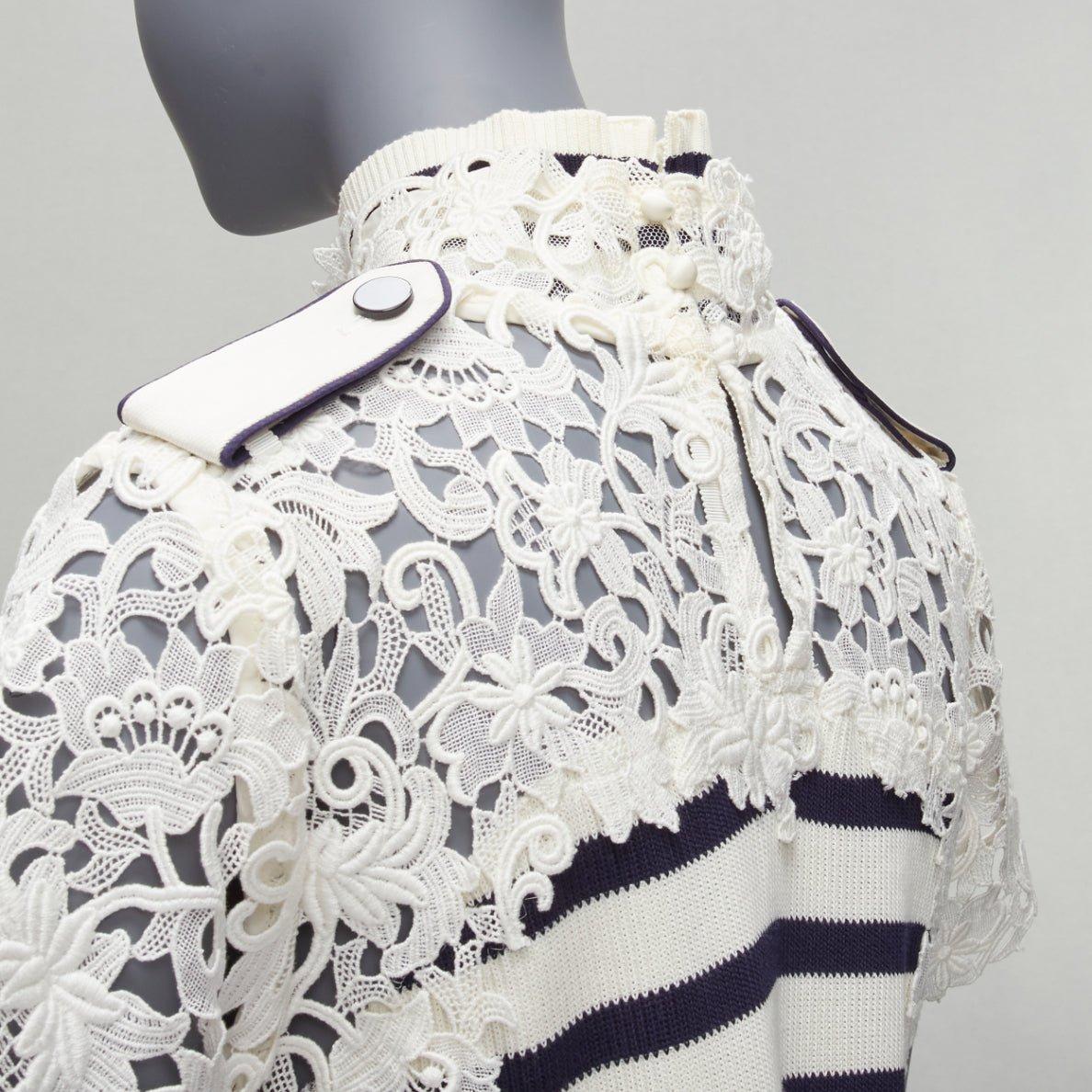 SACAI nautical stripe knit white lace insert flared hem turtleneck top JP4 XL 4