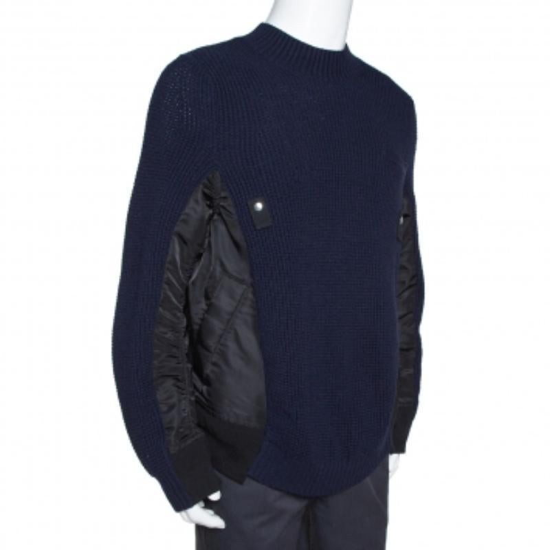 Sacai Navy Blue Rib Knit Wool Paneled Pullover M Negro en venta