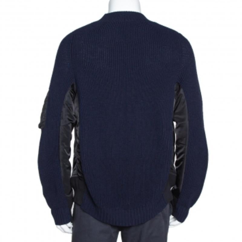 Sacai Navy Blue Rib Knit Wool Paneled Pullover M en Excelente estado para la venta en Dubai, Al Qouz 2