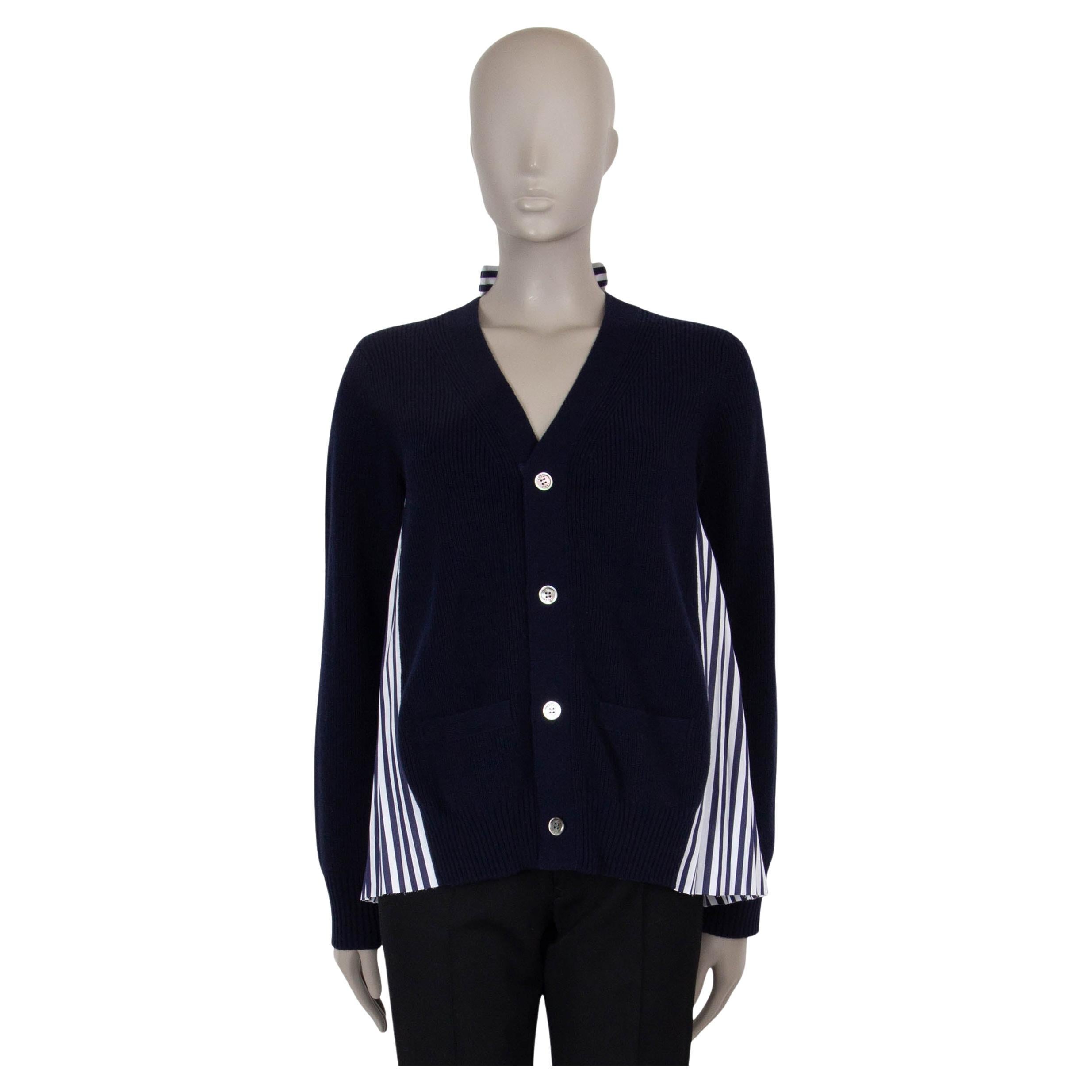 SACAI navy blue wool KNIT & STRIPED POPLIN Cardigan Sweater 1 S For Sale