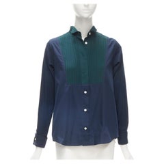SACAI navy green cotton pleated bib collar flared back shirt JP2 M