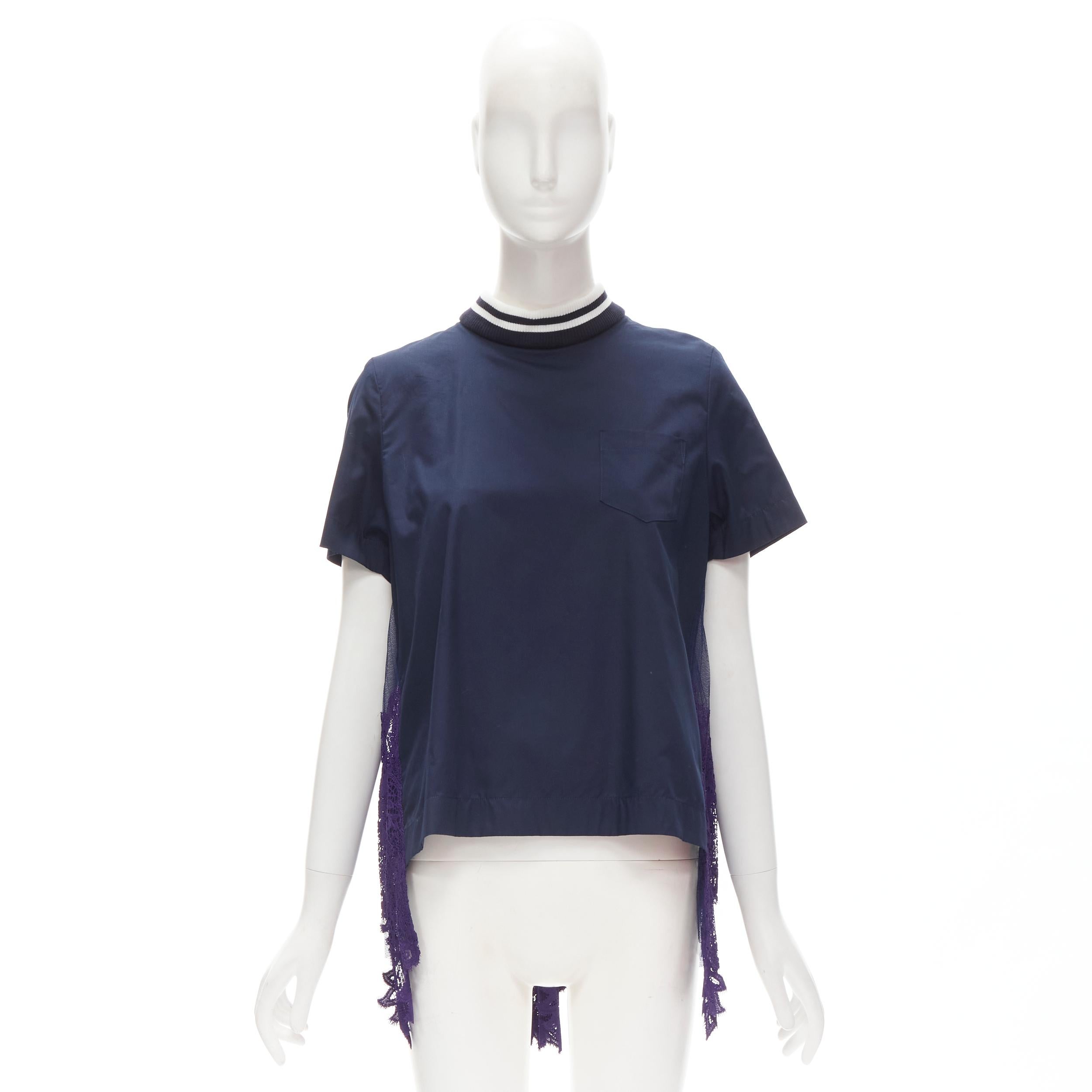 SACAI navy sport ribbed collar purple lace trim pleated flared back top JP1 S For Sale 5