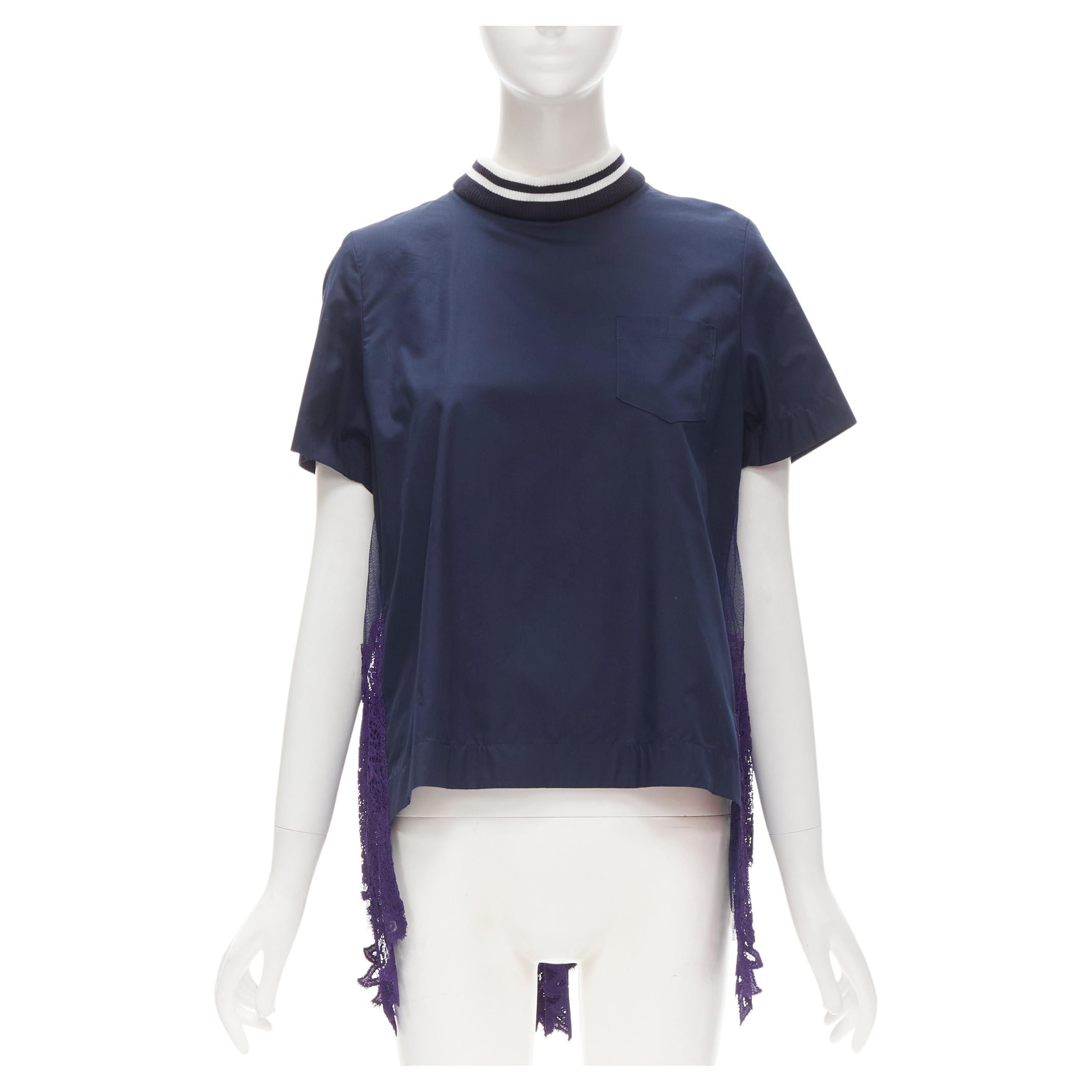 SACAI navy sport ribbed collar purple lace trim pleated flared back top JP1 S For Sale