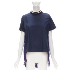 SACAI navy sport ribbed collar purple lace trim pleated flared back top JP1 S