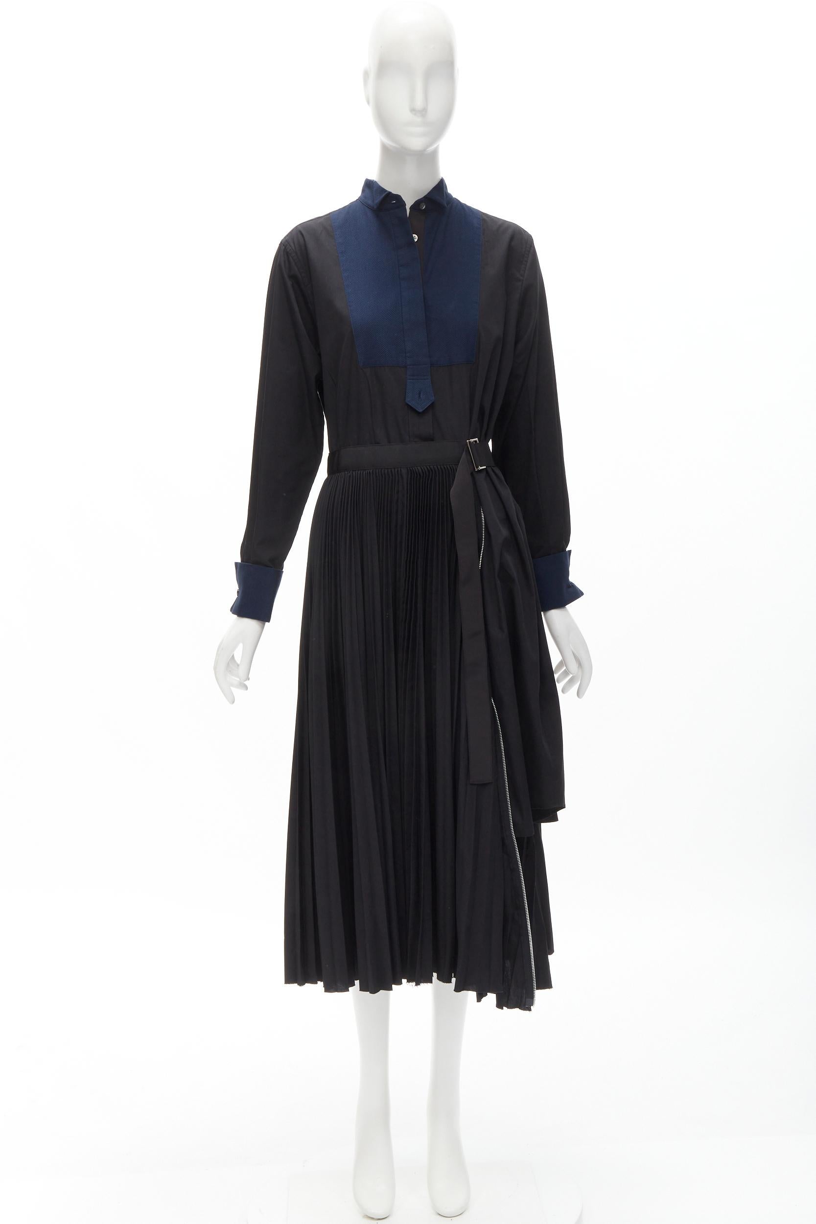 SACAI navy tuxedo bib collar black cotton pleated skirt belted midi dress JP2 M For Sale 5