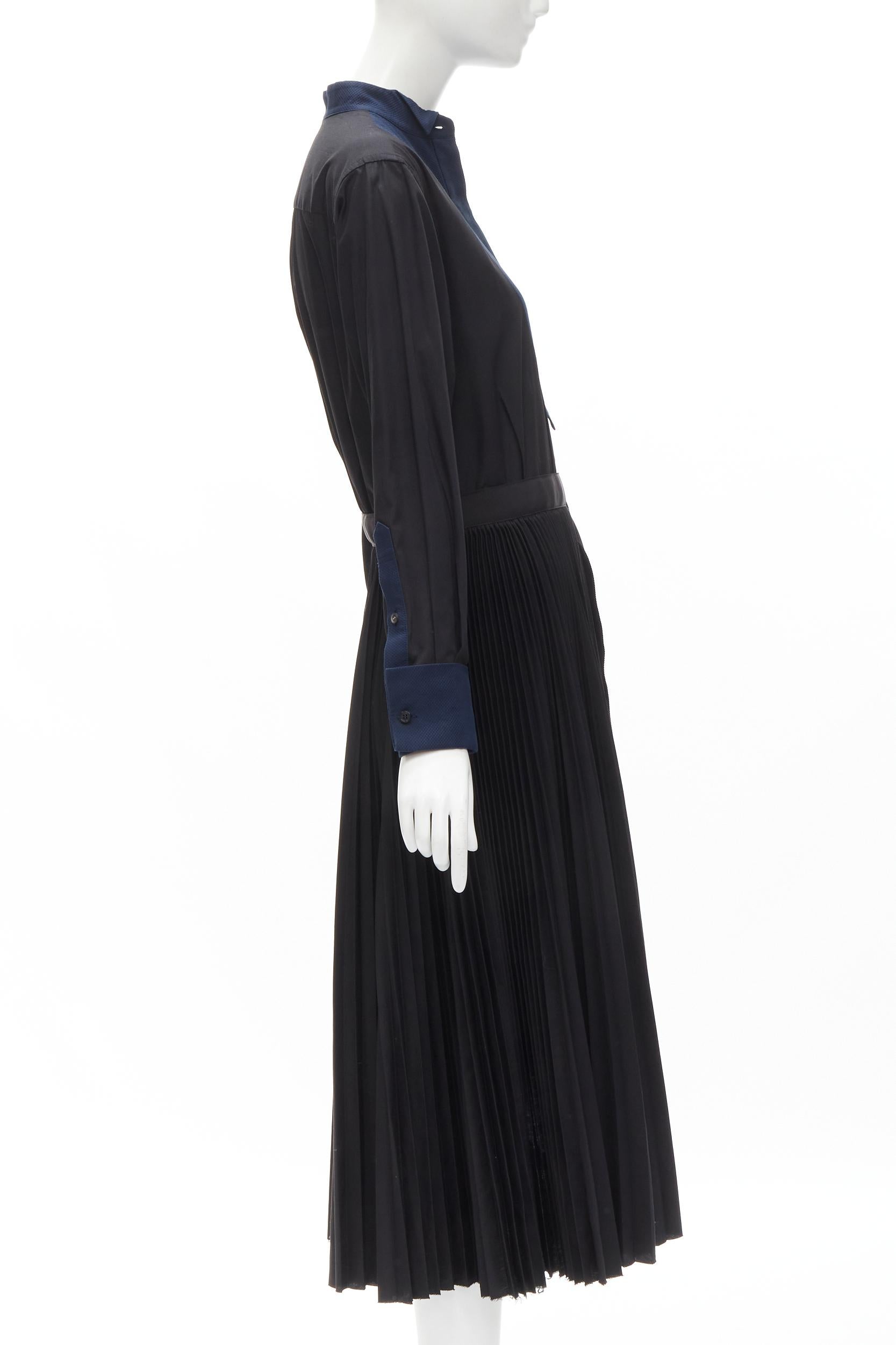SACAI navy tuxedo bib collar black cotton pleated skirt belted midi dress JP2 M In Excellent Condition For Sale In Hong Kong, NT