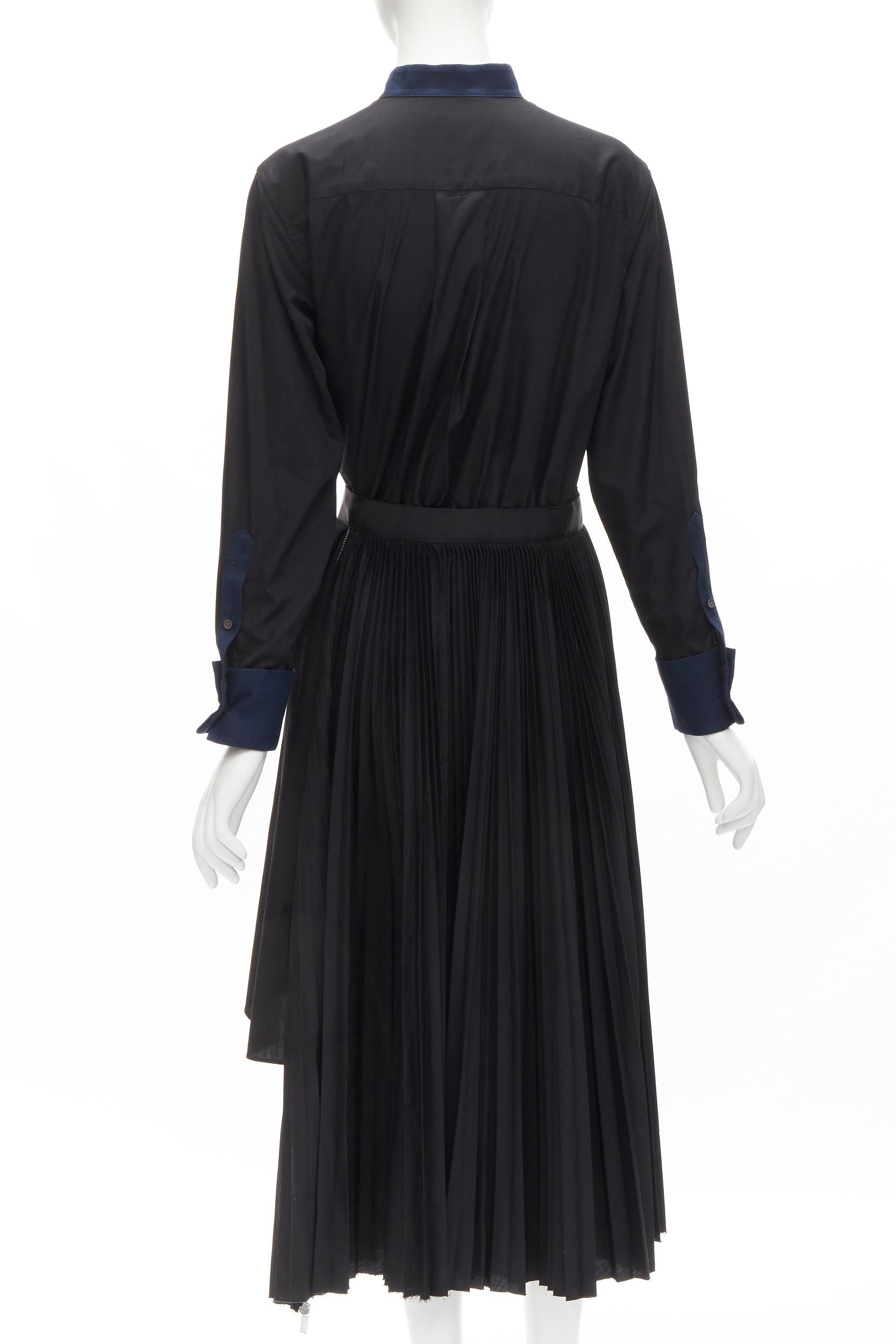 Women's SACAI navy tuxedo bib collar black cotton pleated skirt belted midi dress JP2 M For Sale