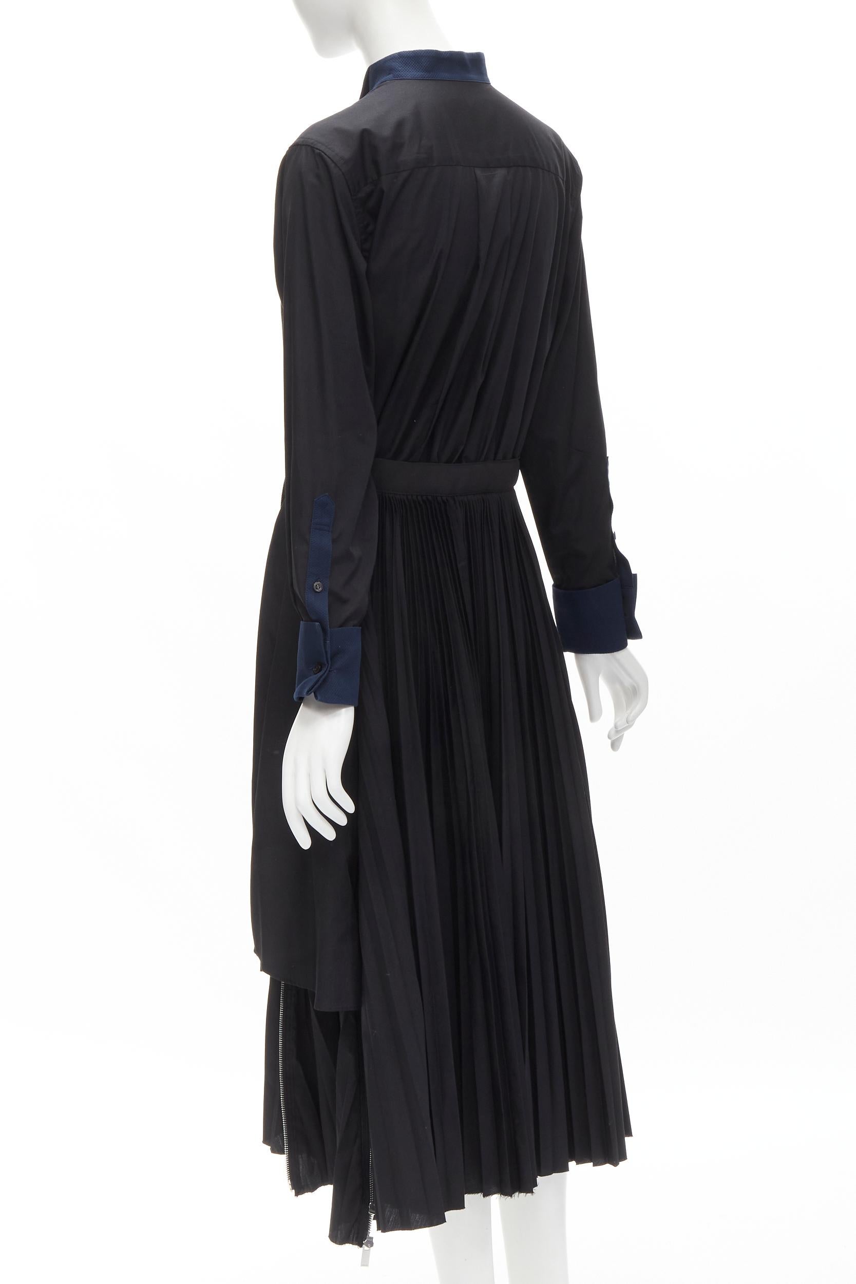 SACAI navy tuxedo bib collar black cotton pleated skirt belted midi dress JP2 M For Sale 1