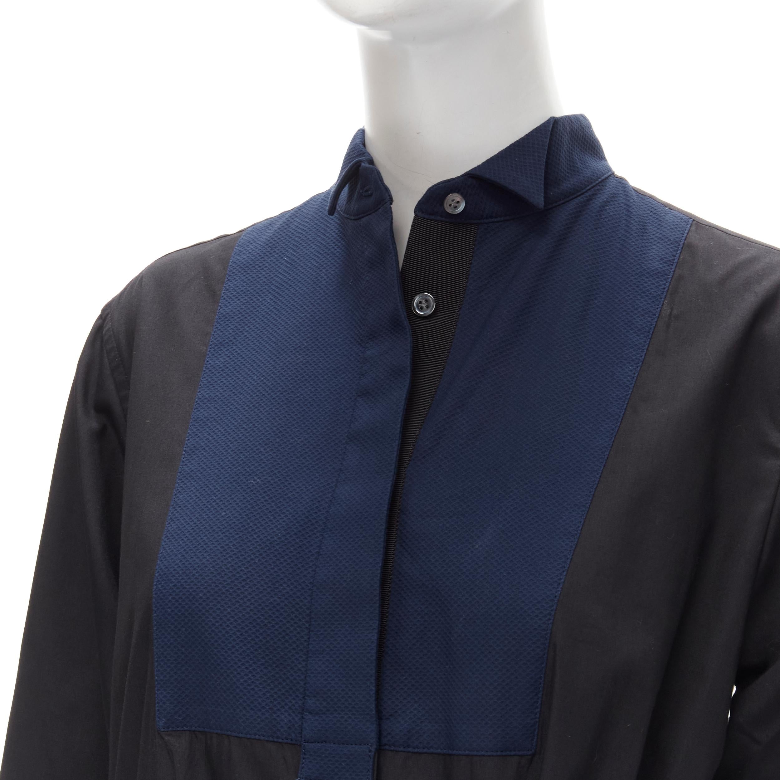 SACAI navy tuxedo bib collar black cotton pleated skirt belted midi dress JP2 M For Sale 2