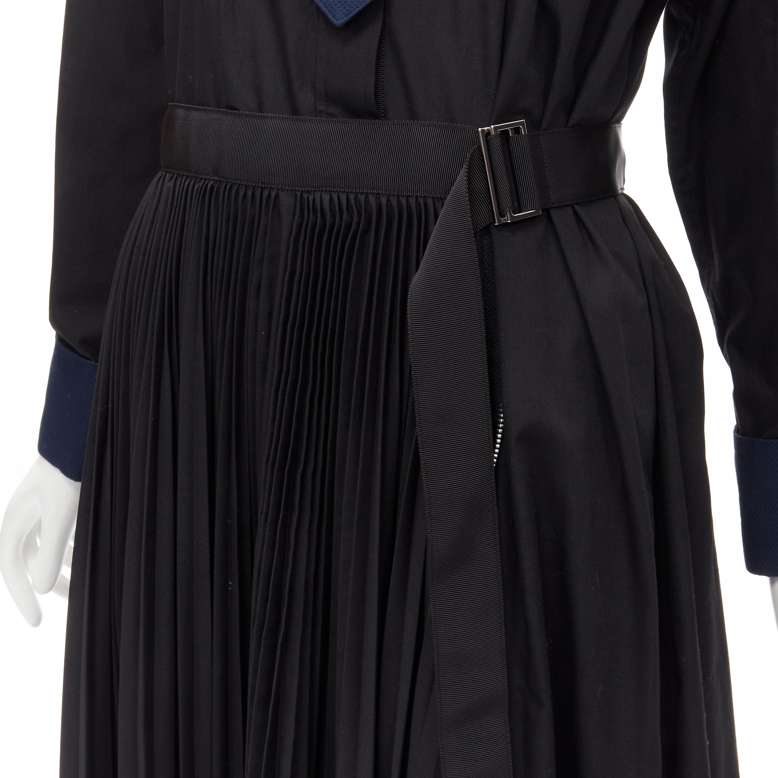 SACAI navy tuxedo bib collar black cotton pleated skirt belted midi dress JP2 M For Sale 3