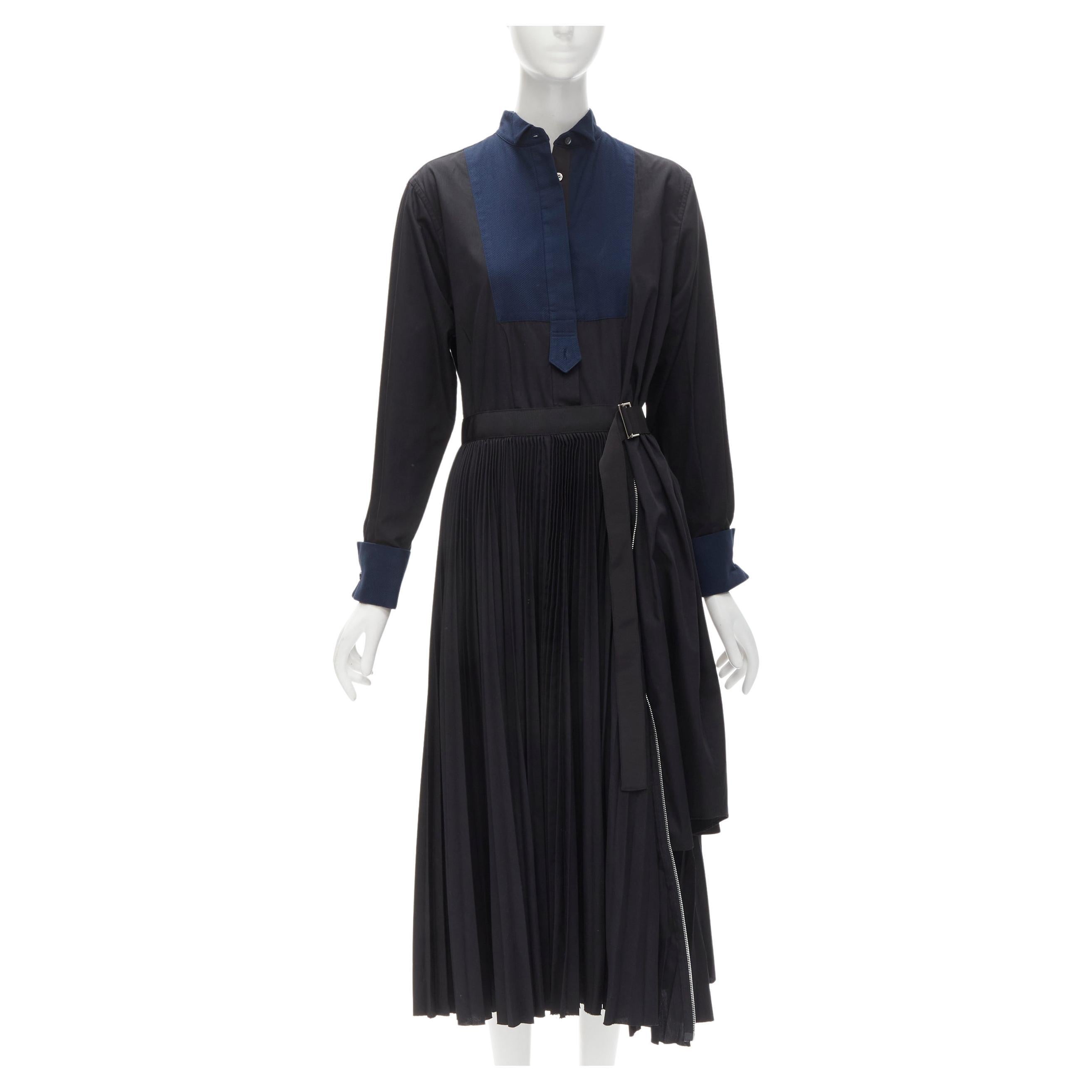 SACAI navy tuxedo bib collar black cotton pleated skirt belted midi dress JP2 M For Sale