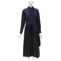 SACAI navy tuxedo bib collar black cotton pleated skirt belted midi dress JP2 M