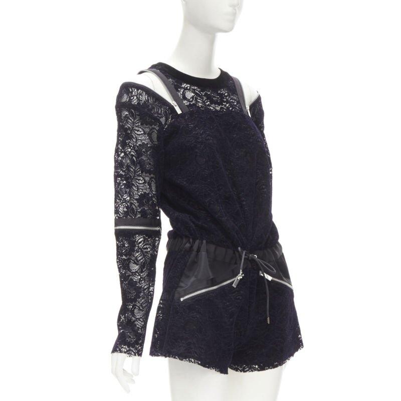 Black SACAI navy velvet floral lace pink zipper trim romper playsuit S For Sale