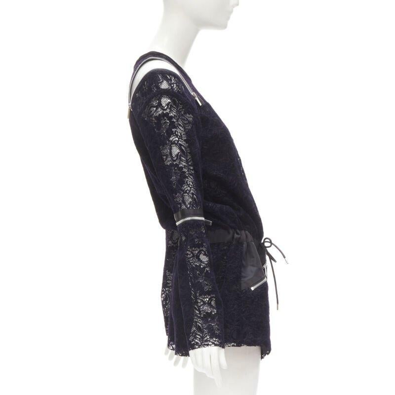 SACAI navy velvet floral lace pink zipper trim romper playsuit S In Excellent Condition For Sale In Hong Kong, NT