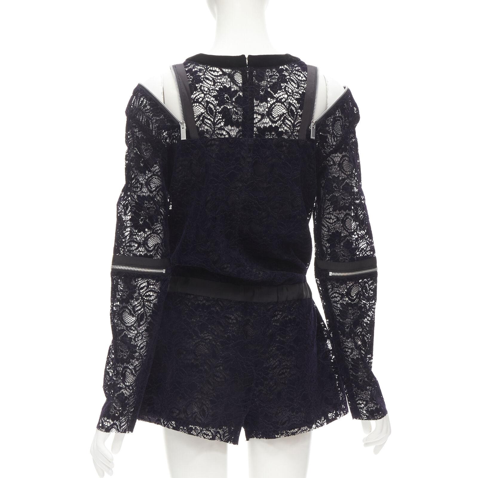 SACAI marineblauer Samt-Blumen-Spitzen-playsuit mit Reißverschluss S Damen im Angebot