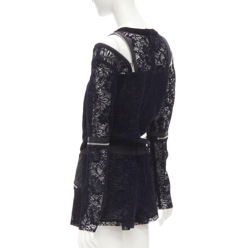 SACAI navy velvet floral lace pink zipper trim romper playsuit S For Sale 1