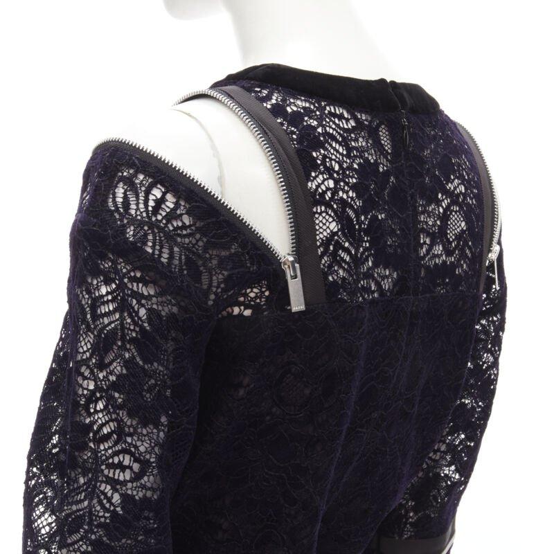 SACAI navy velvet floral lace pink zipper trim romper playsuit S For Sale 2
