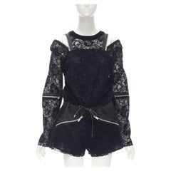 SACAI navy velvet floral lace pink zipper trim romper playsuit S